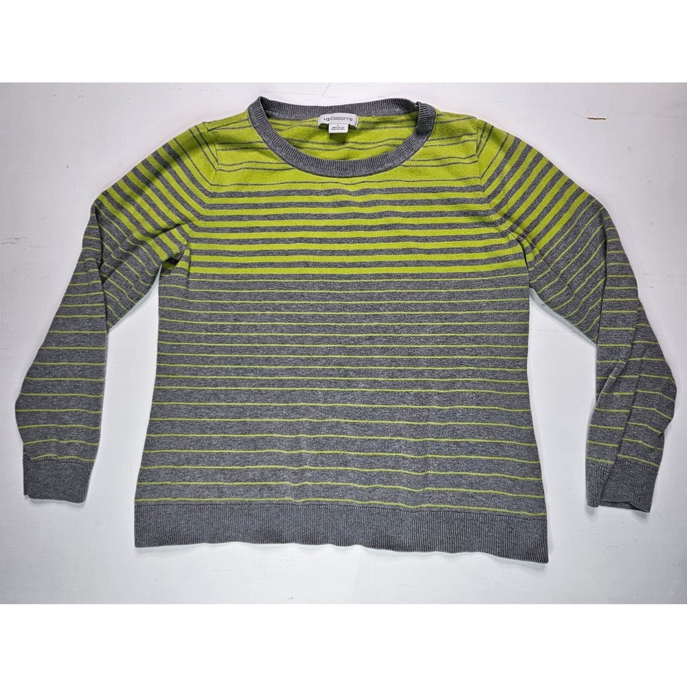 Liz Claiborne Sweater Womens L Gray Green Striped Cotton Pullover Crew Neck